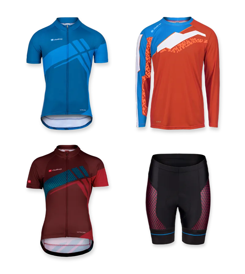 Todos los productos Vista general de cuatro diferentes maillots de ciclismo y un pantalón corto de ciclismo de owayo, incluyendo un maillot azul de manga corta, un maillot naranja de manga larga, un maillot rojo oscuro de manga corta y un pantalón corto de ciclismo negro con detalles rojos y azules.
