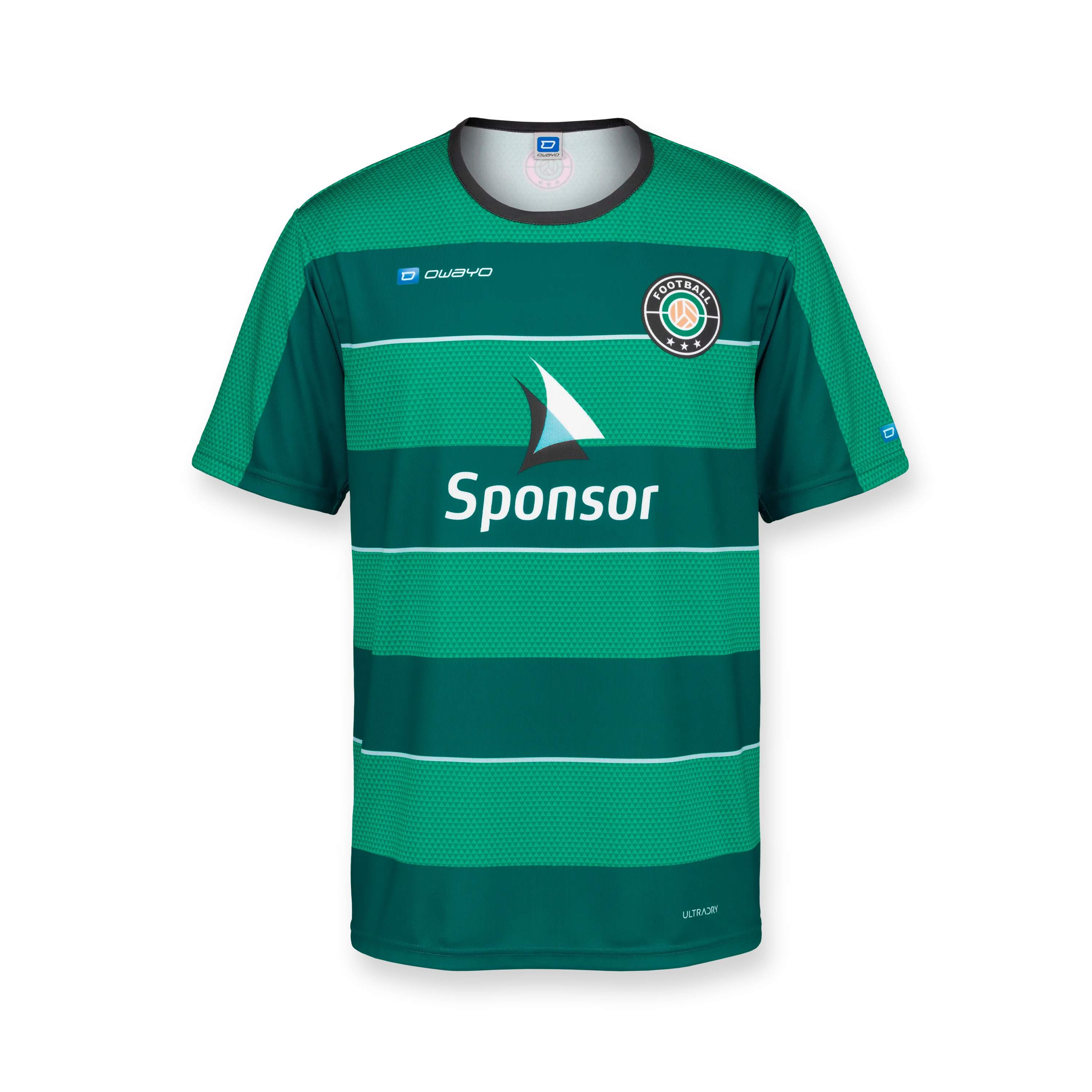 Camiseta de fútbol verde con amplias rayas horizontales y cuello redondo, con un logotipo de patrocinador en la parte frontal.