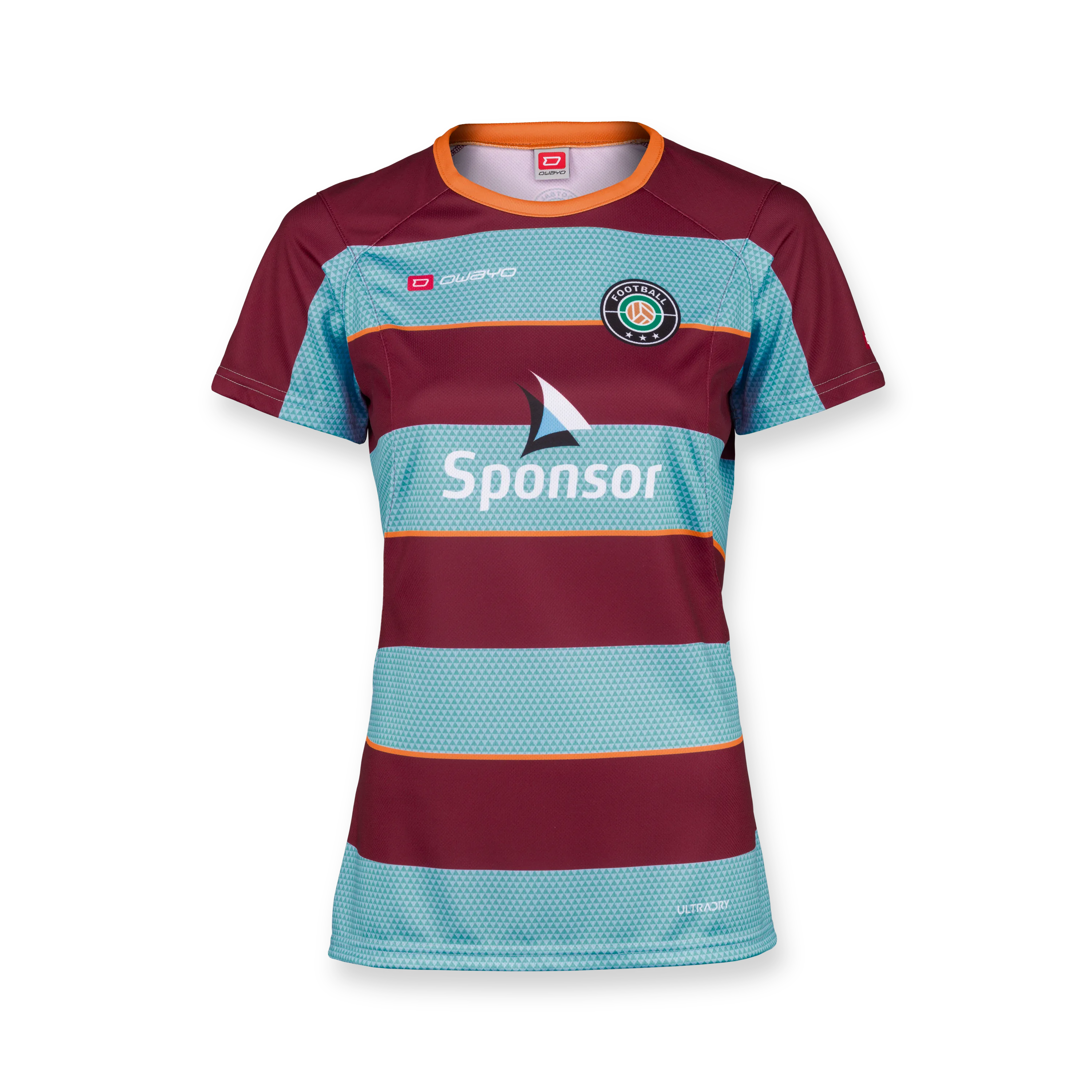 Una camiseta deportiva a rayas rojas y azules con cuello redondo y un logo de patrocinador en el frente.