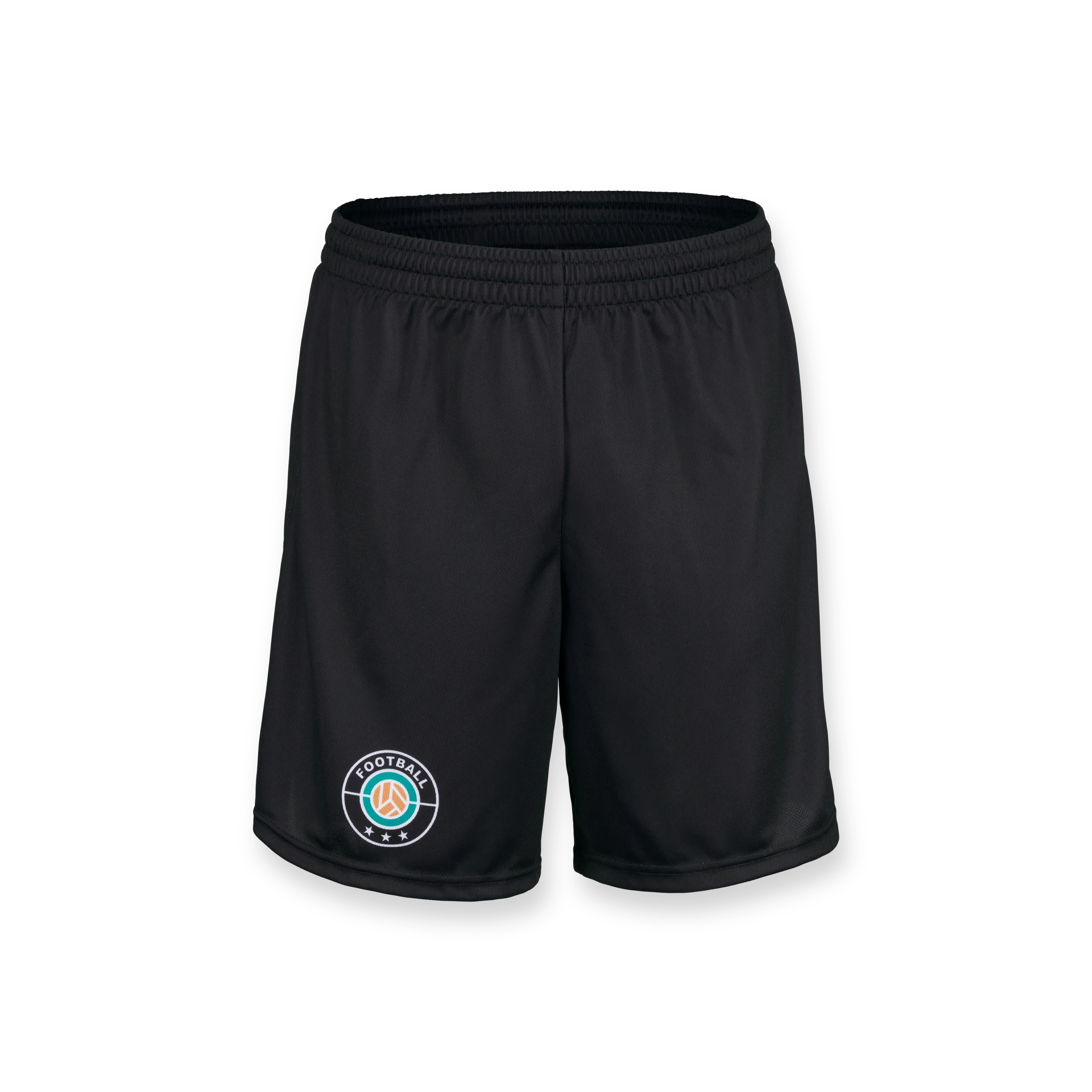 Pantalones cortos deportivos negros con una cintura elástica y un logo en el lado izquierdo.