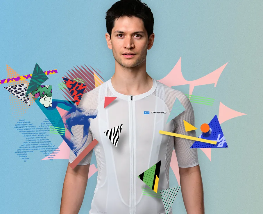 Un hombre vistiendo una camiseta deportiva blanca sin mangas con cremallera y el logotipo 'owayo' en el pecho, rodeado de formas geométricas y patrones coloridos.