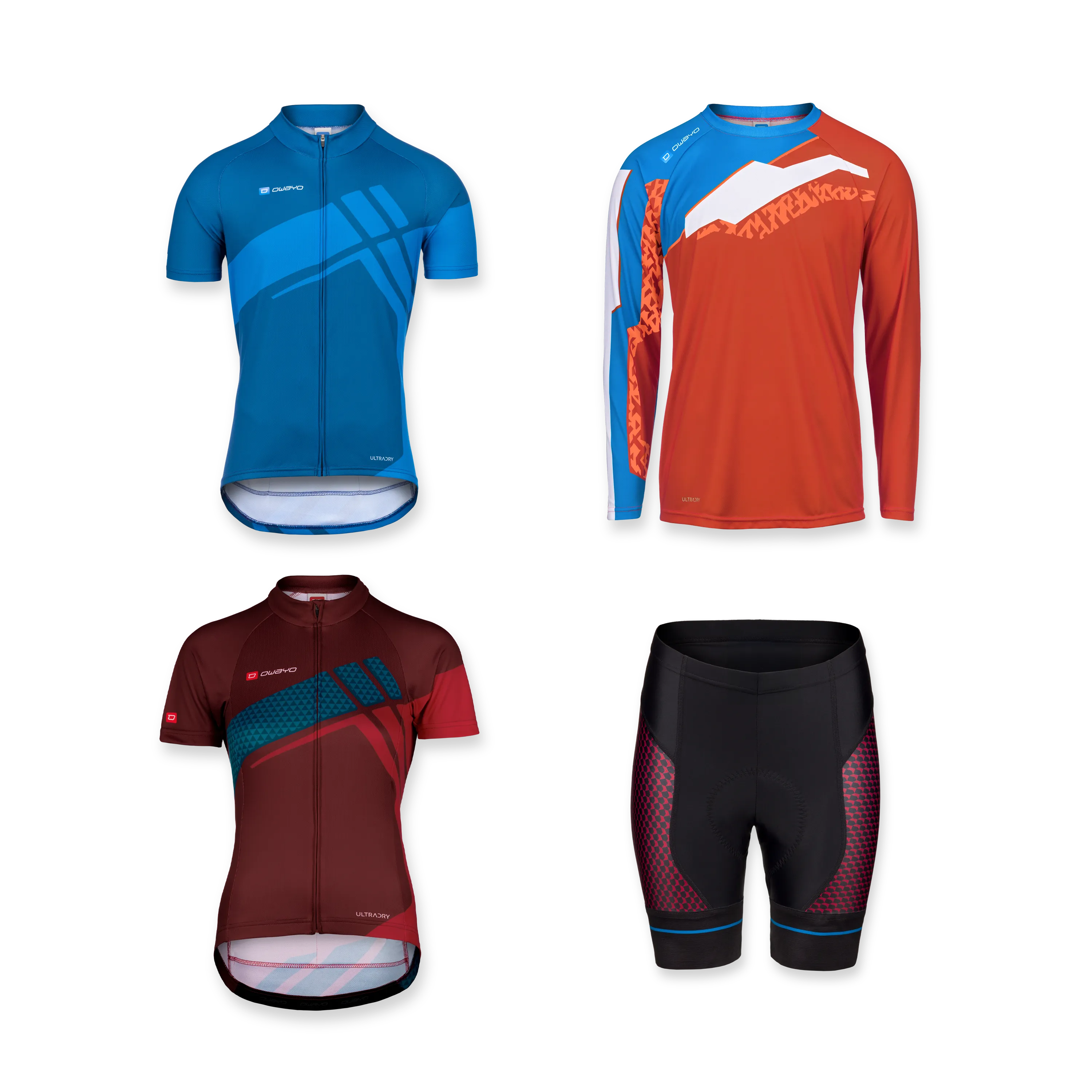 Cuatro artículos de ropa deportiva diferentes, que incluyen una camiseta de manga corta azul, una camiseta de manga larga roja, una camiseta de manga corta burdeos y pantalones cortos de ciclismo negros.