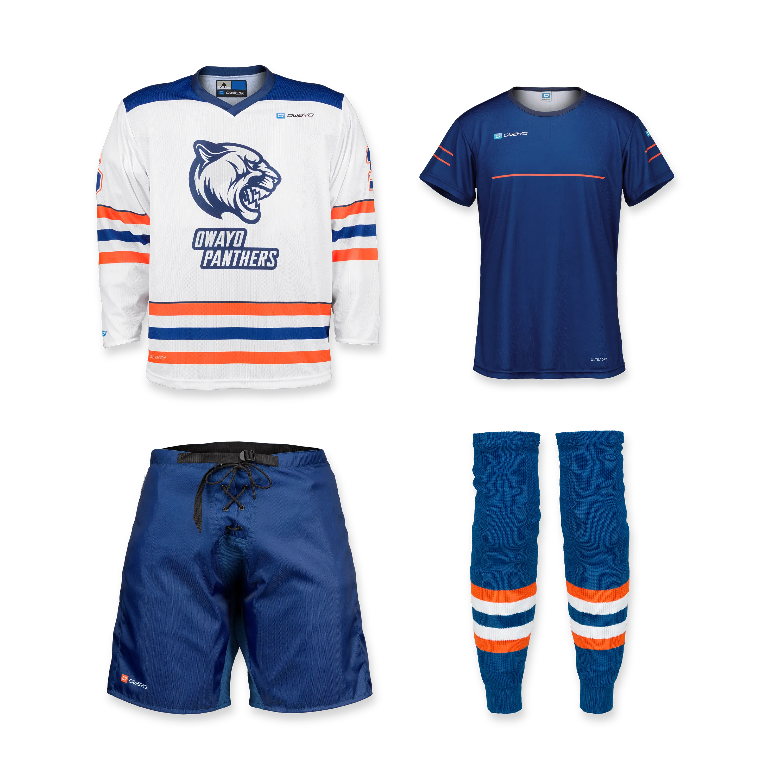 Un conjunto que incluye una camiseta de hockey blanca con un logo de pantera, una camiseta deportiva azul, pantalones cortos azules y calcetines azules con rayas naranjas y blancas.