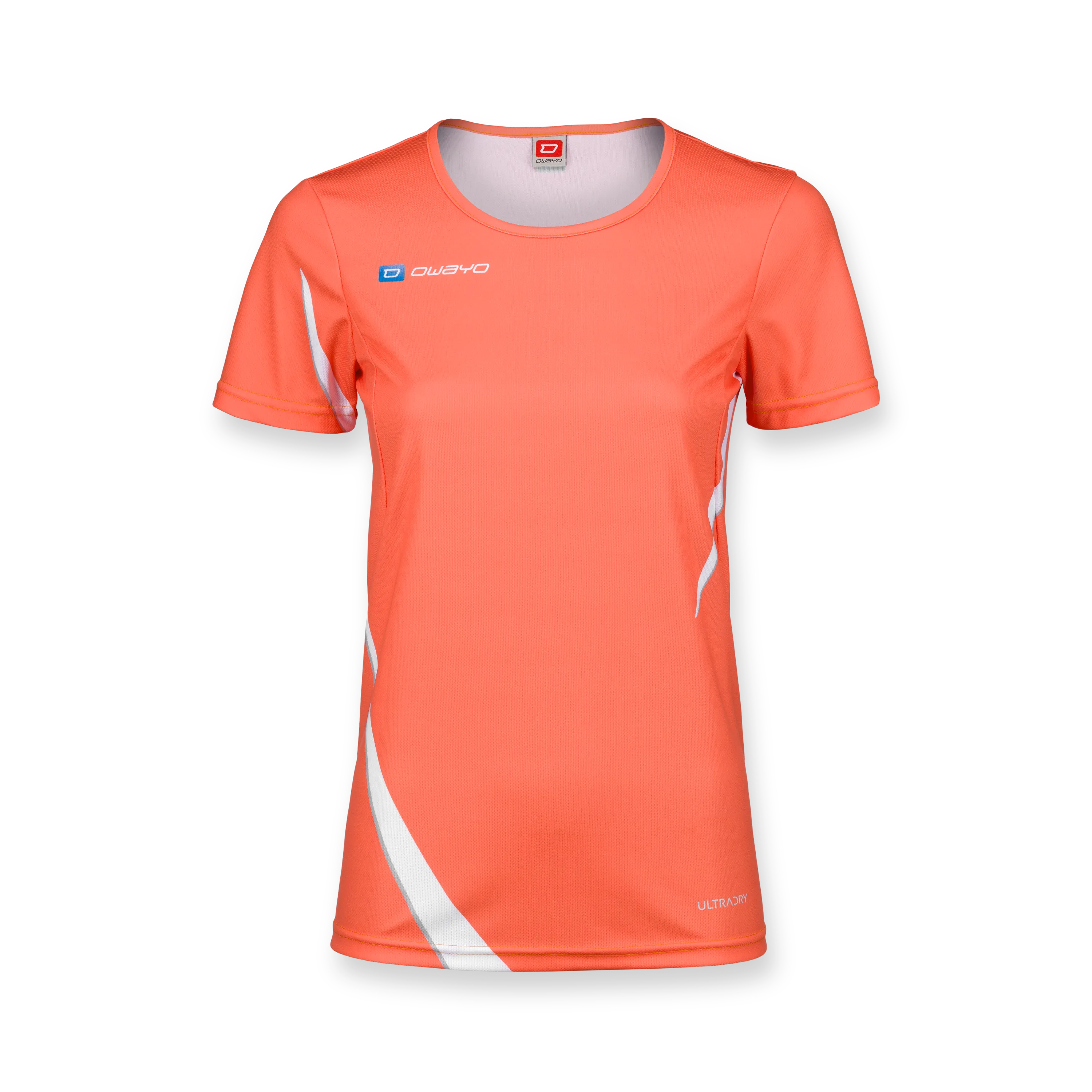 Una camiseta deportiva naranja brillante con acentos blancos y un cuello redondo.
