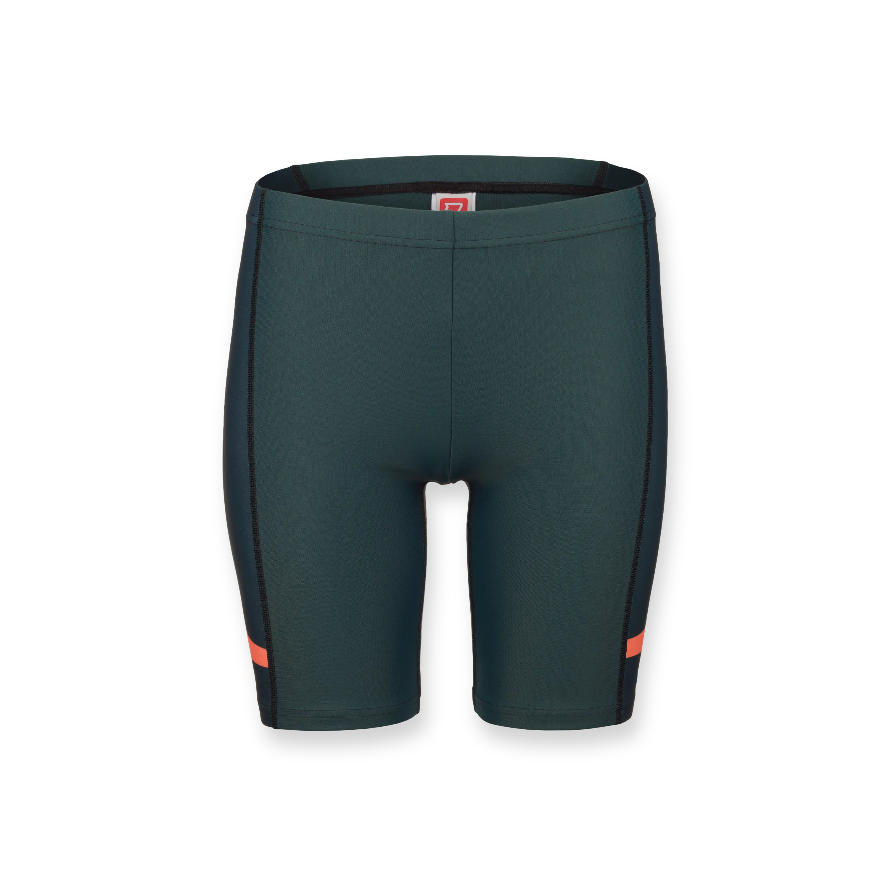 Pantalones cortos deportivos verde oscuro con paneles laterales negros y una franja naranja.