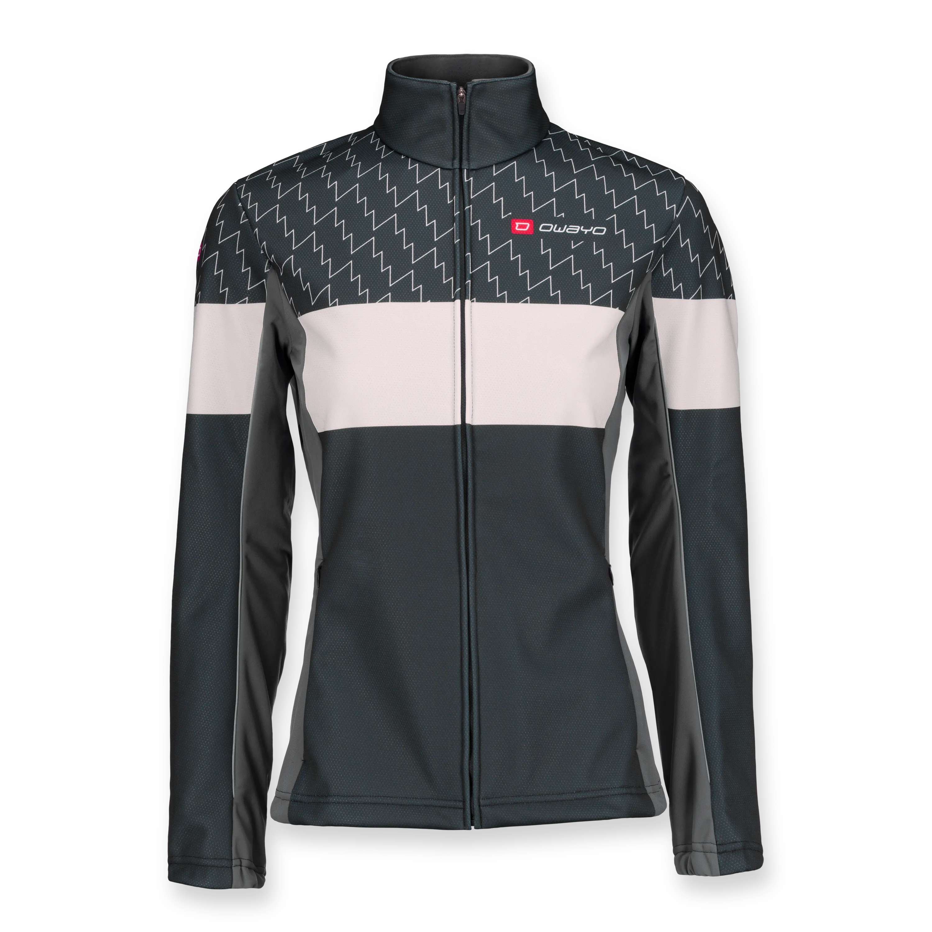 Una chaqueta deportiva para mujeres con un diseño moderno en tonos negro, blanco y gris, con un cuello alto y cremallera completa.