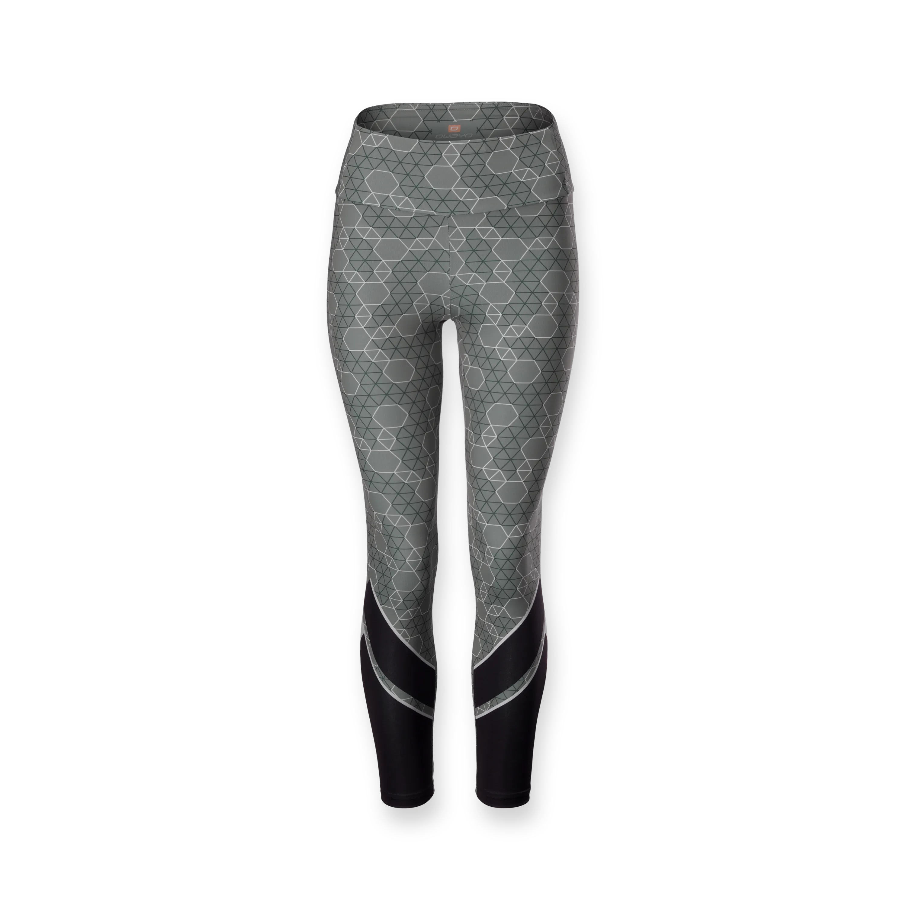 Leggings deportivos grises con un patrón, que cuentan con una cintura negra estrecha y paneles negros laterales.
