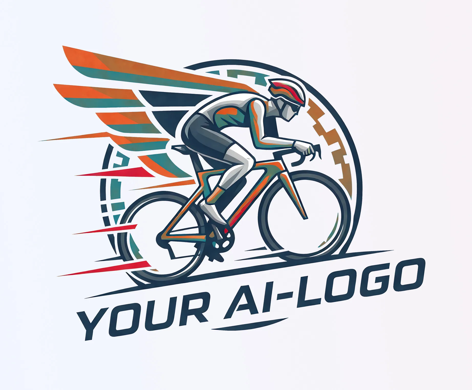Un ciclista estilizado en posición aerodinámica sobre una bicicleta de carrera, rodeado de alas coloridas y líneas de velocidad, con el texto 'YOUR AI-LOGO' debajo.