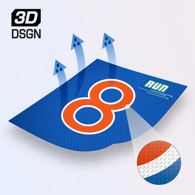 Un tejido azul con un prominente '8' naranja y la palabra 'RUN', con detalles texturizados y una sección ampliada que muestra un pequeño patrón de color.