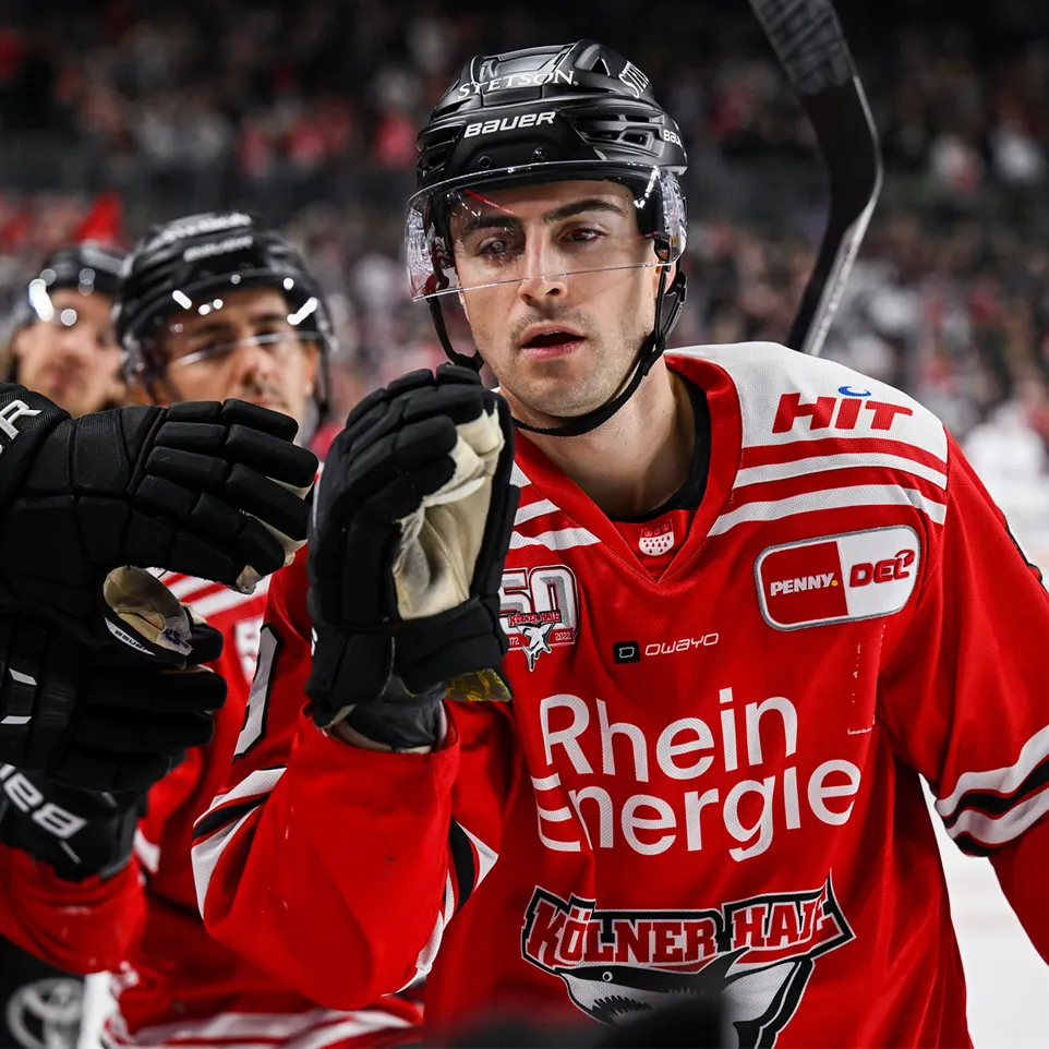 Un jugador de hockey con una camiseta roja con rayas blancas y logotipos, de pie sobre el hielo y levantando sus guantes.