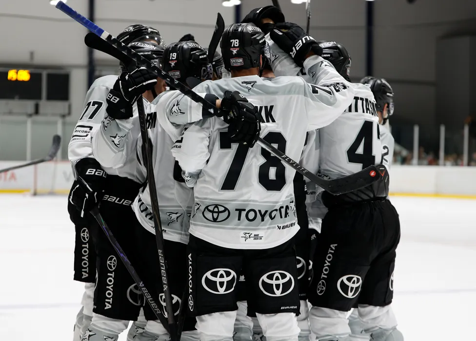 Jugadores de hockey sobre hielo con uniformes blancos con detalles negros y el logo de Toyota celebran en la pista de hielo.