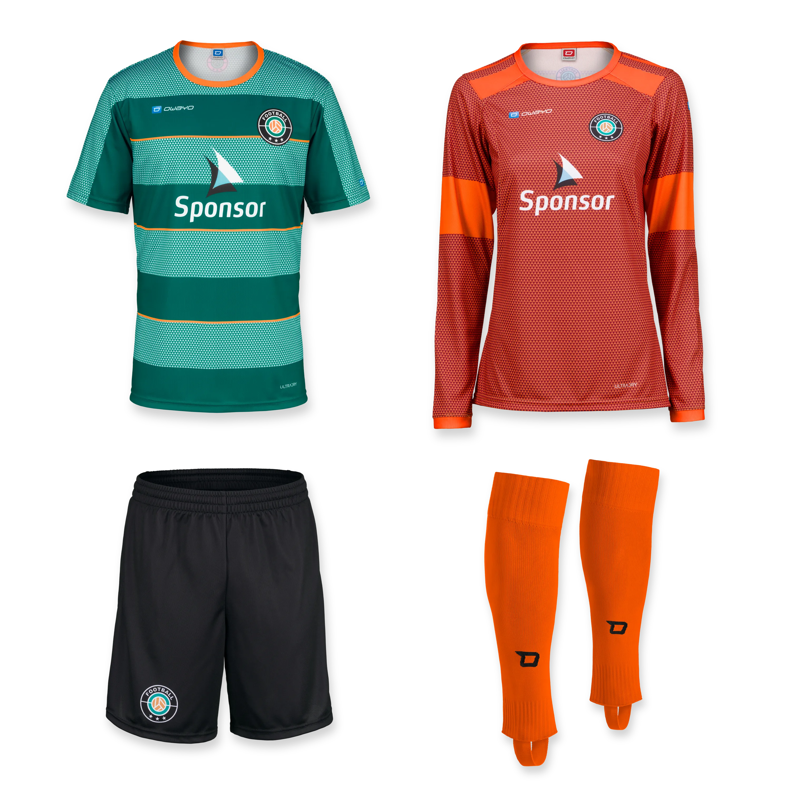 Todos los productos Un conjunto de dos camisetas de fútbol, un par de pantalones cortos negros y un par de calcetas naranjas, todo en varias combinaciones de colores.