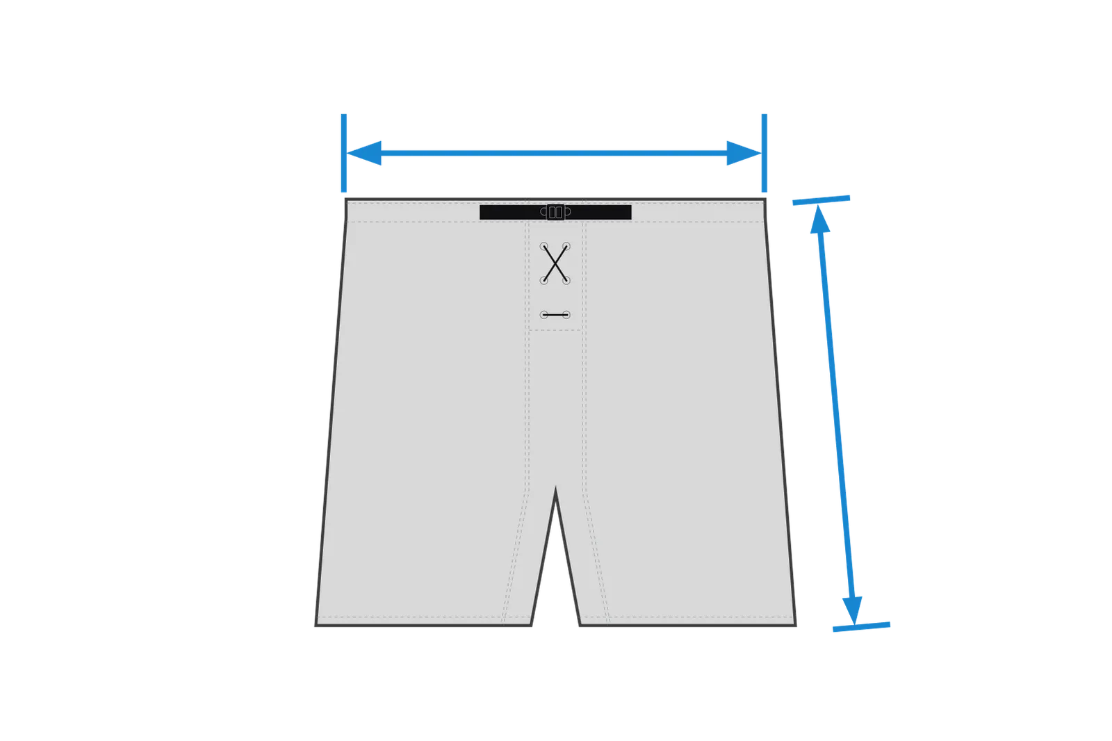 Una representación gráfica de pantalones cortos deportivos con líneas de medición para el ancho y la longitud.