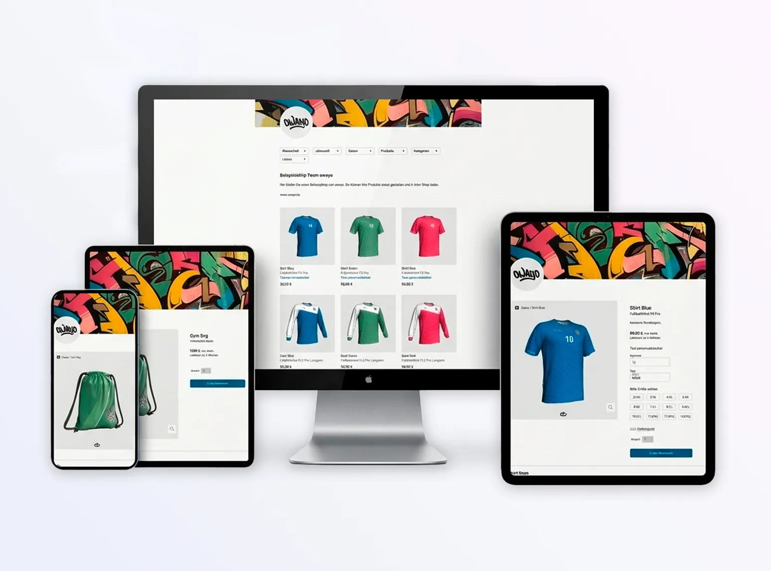 El sitio web de owayo se muestra en un ordenador de escritorio, una tableta y un smartphone, mostrando ropa y equipamiento deportivo.