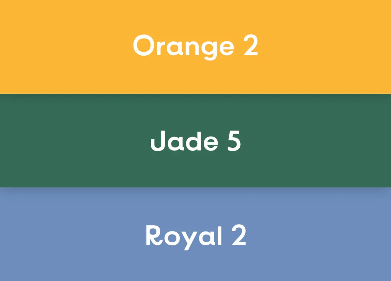 Tres bloques horizontales de color naranja, jade y azul real con las etiquetas 'Orange 2', 'Jade 5' y 'Royal 2'.
