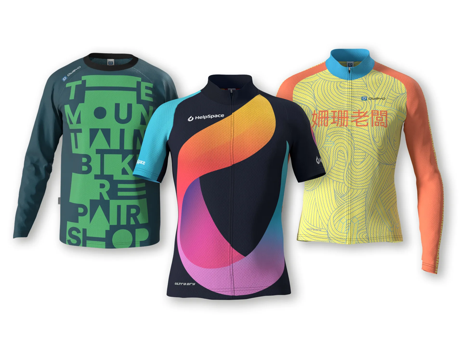 Tres prendas de ropa deportiva personalizadas de owayo: una camiseta de manga larga azul oscuro con un diseño verde 'MOUNTAIN BIKE REPAIR SHOP', una camiseta de manga corta azul oscuro con un diseño abstracto de degradado en naranja, rosa y morado, y una camiseta de manga larga amarilla con un patrón de líneas azules y caracteres chinos.