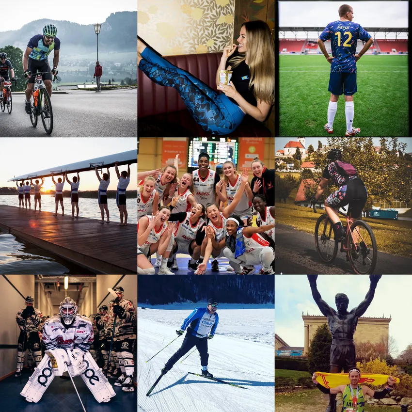 Una colección de atletas participando en varias actividades, incluyendo ciclismo, baloncesto, remo y deportes de invierno, todos vestidos con ropa deportiva.