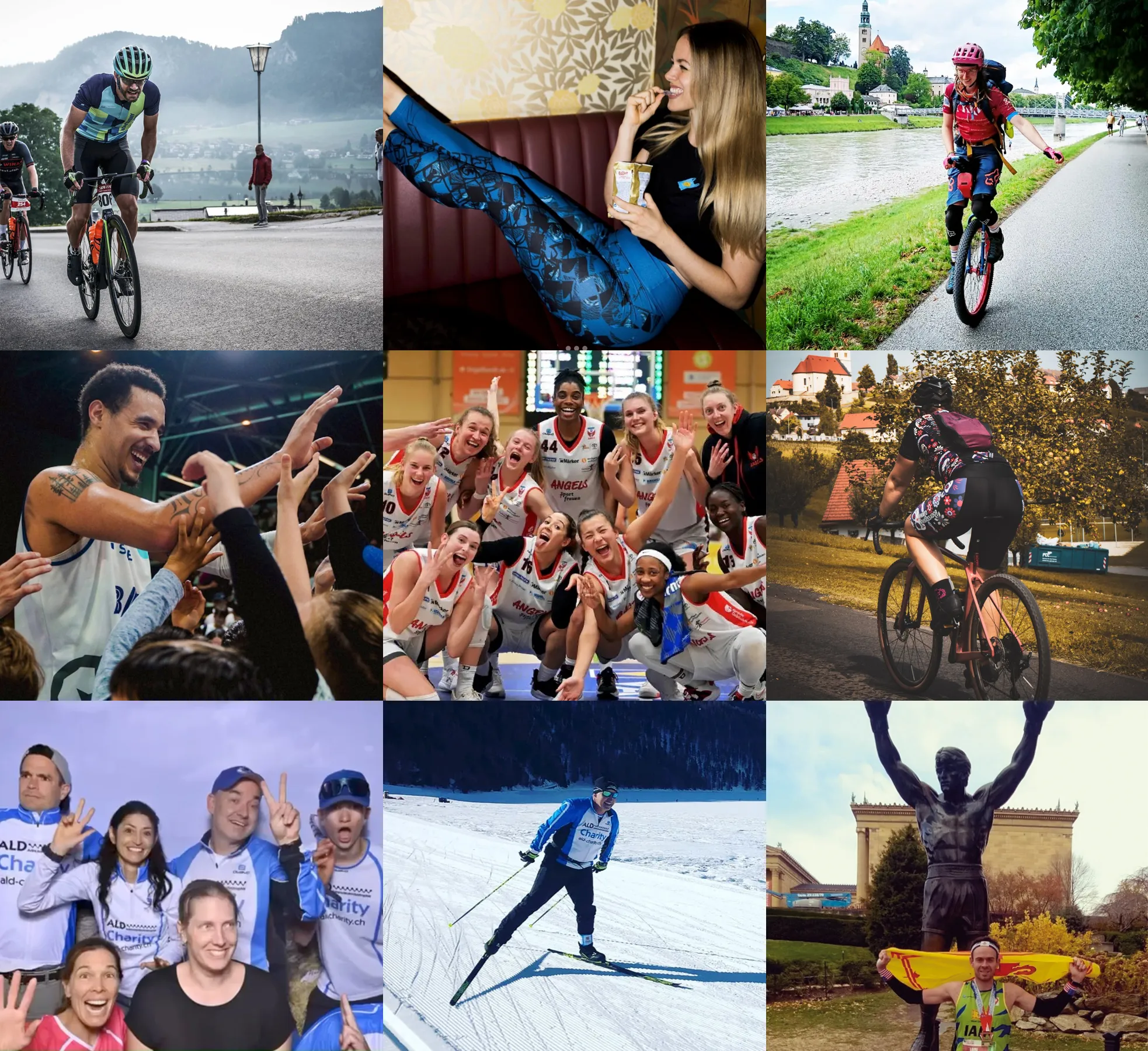 Una collage de nueve imágenes muestra a varias personas en diferentes deportes, incluyendo ciclismo, baloncesto, esquí de fondo y ciclismo de montaña, usando ropa deportiva personalizada de owayo.
