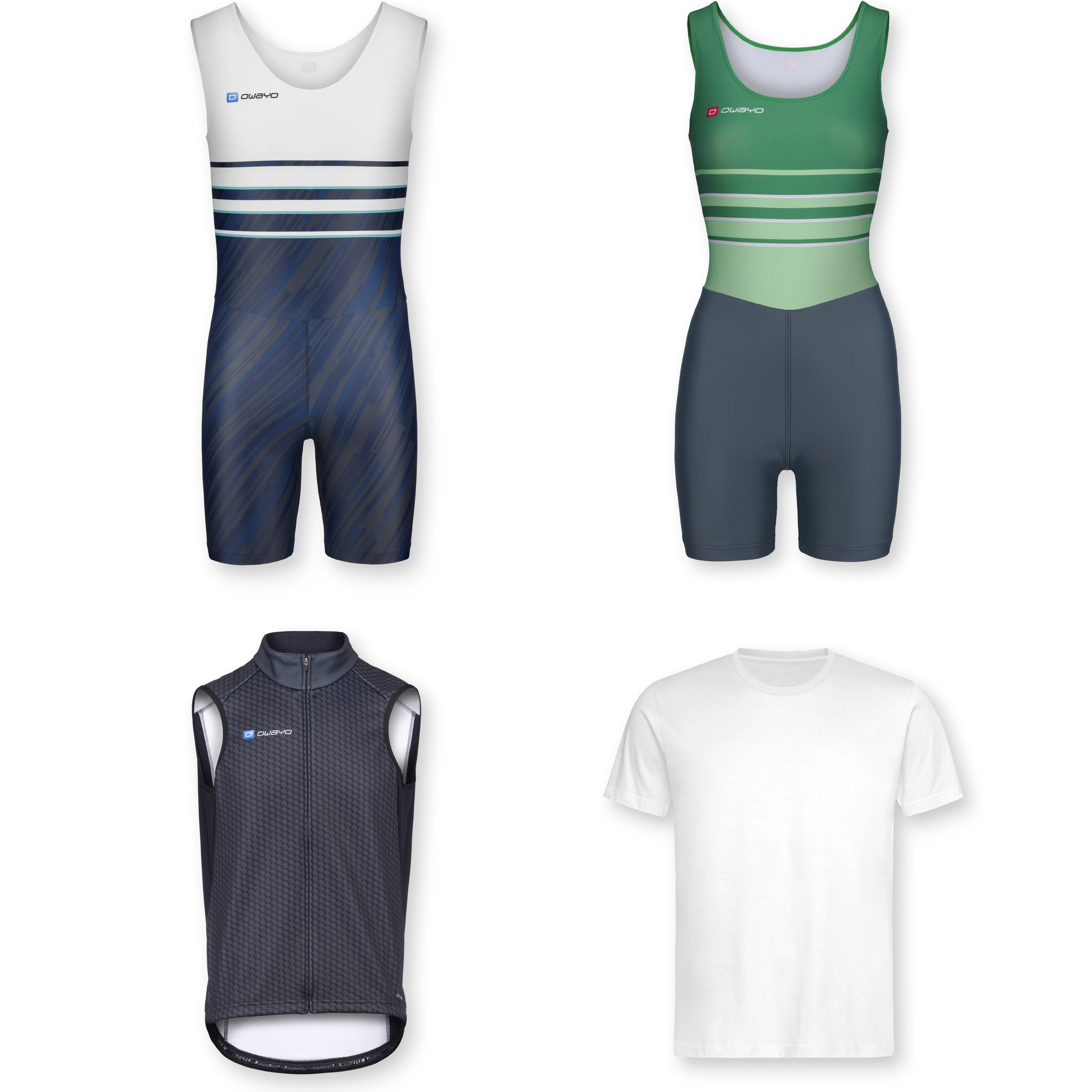 Varios artículos de ropa deportiva para remo, incluidos trajes de una pieza y una camiseta.