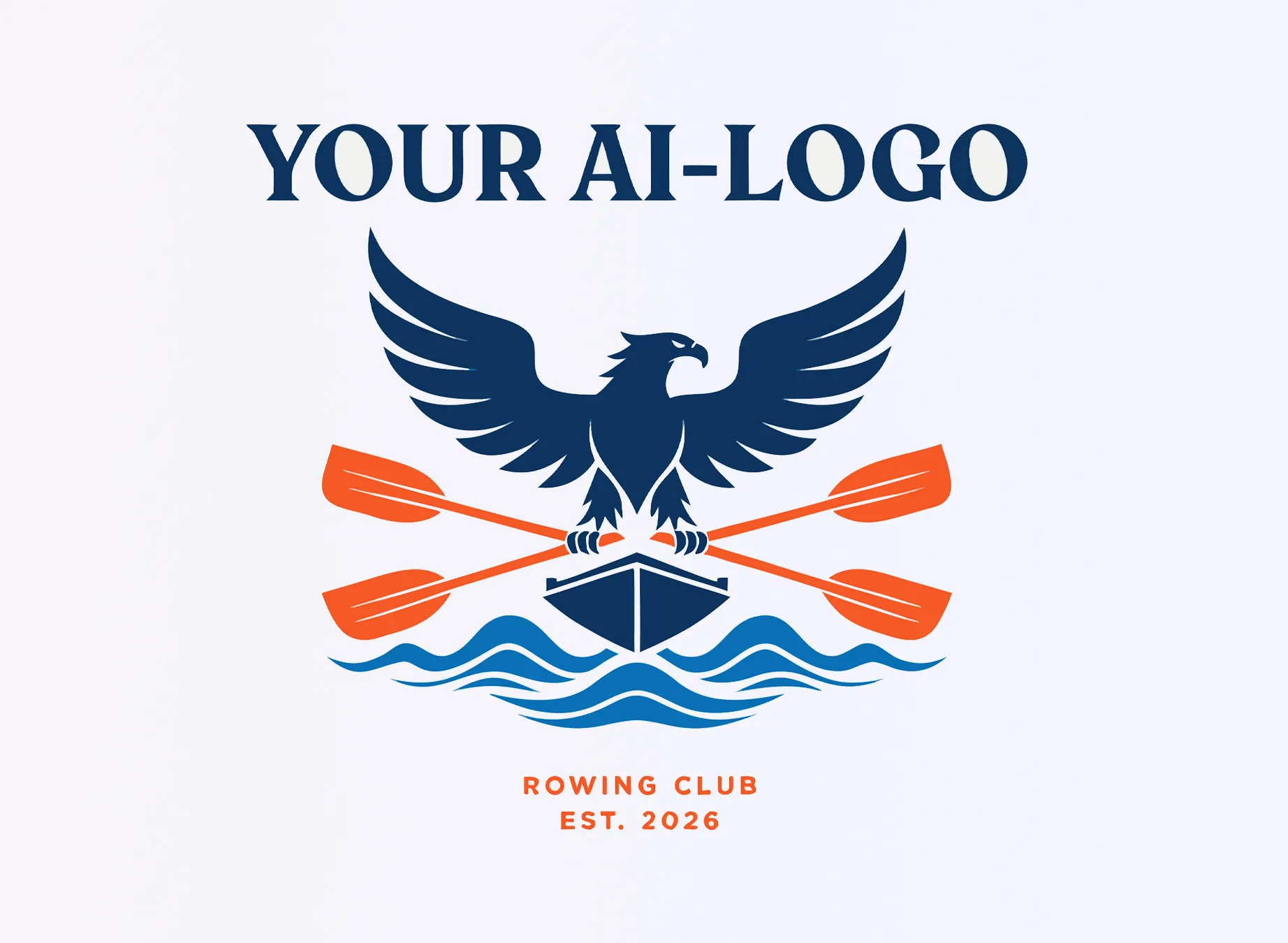 Un logo con un águila sobre un bote y remos, con olas de fondo y el texto 'YOUR AI-LOGO' arriba.