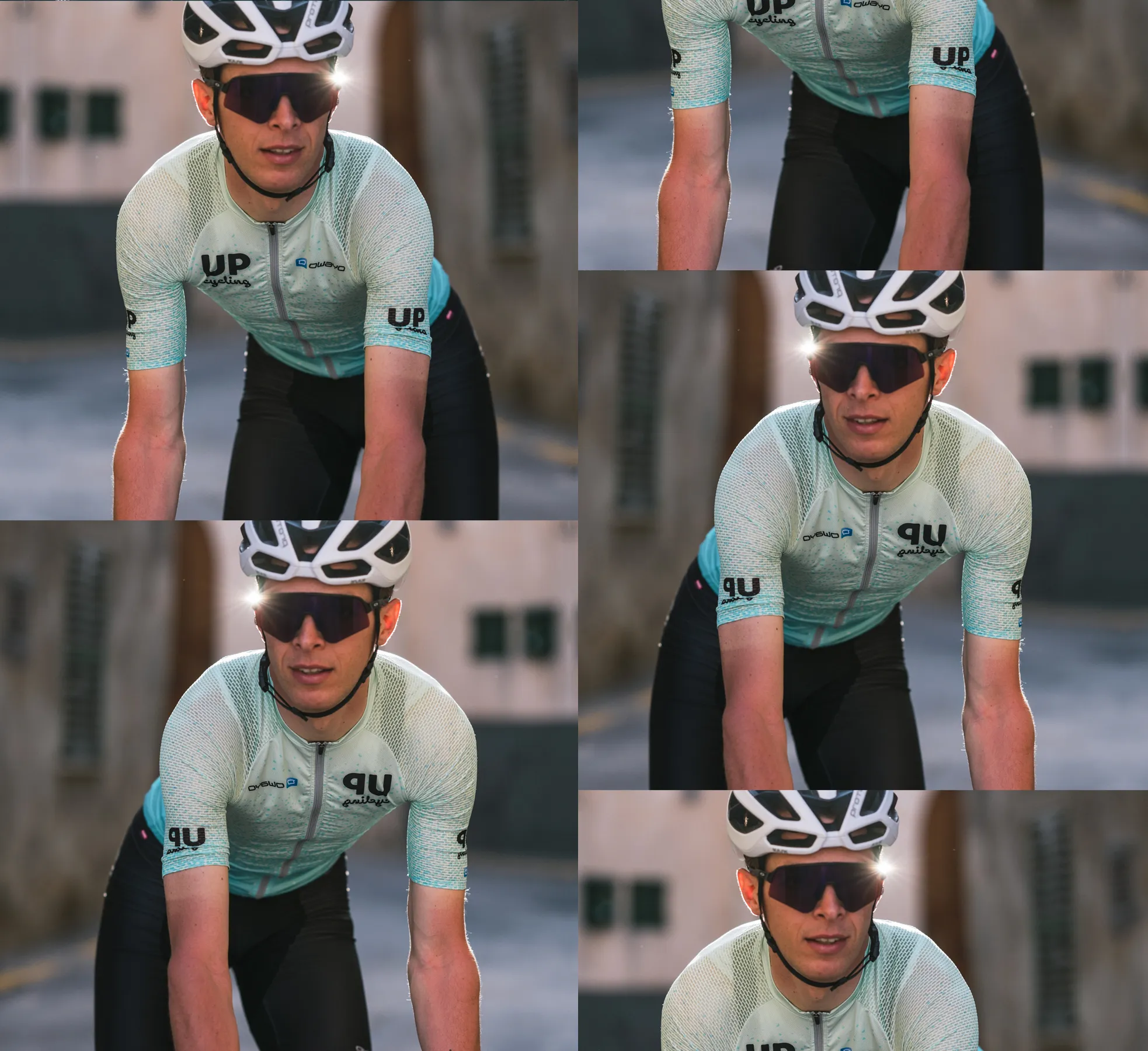 Un ciclista con una camiseta personalizada de color azul claro con el logo 'UP cycling' y 'owayo' en el pecho, pedaleando por una calle.